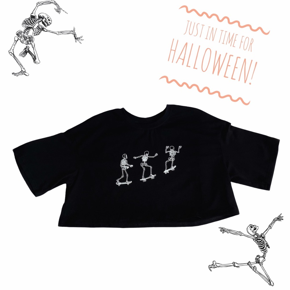 Shein Black Crop Top w/Skateboarding Skeletons